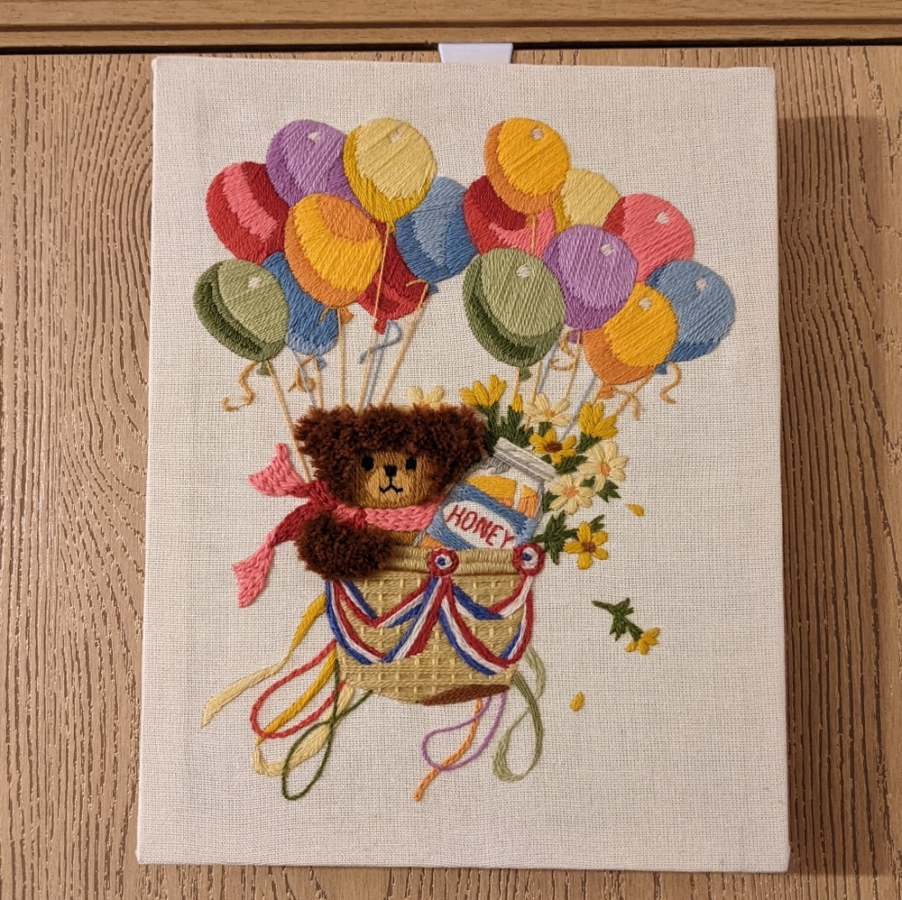 Adorable crewel embroidery teddy honey balloon basket
